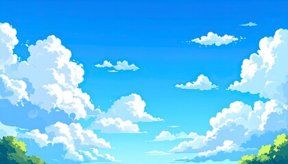 Sunny Sky with Fluffy Clouds and Green Trees.  Perfect for backgrounds, illustrations, and design projects.