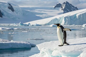 Fototapeta premium A majestic emperor penguin stands gracefully on an ice floe in Antarctica