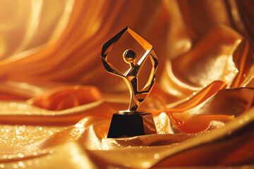 A gleaming trophy adorned with blue ribbons, symbolizing victory and achievement. Perfect for celebrating success.