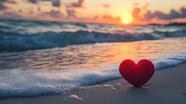Romantic red heart on sandy beach at sunset ocean waves sea love foam calm hope shore water dream