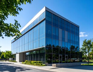 Obraz premium Modern glass office building reflecting trees and blue sky. Ideal for corporate, real estate, and architecture projects.