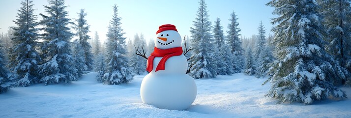 A classic snowman with a bright red scarf set against a snowy landscape surrounded by tall pine trees.