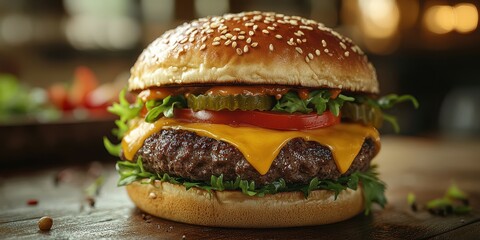 Juicy cheeseburger with fresh toppings served on a wooden table in a cozy diner setting