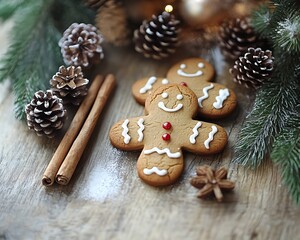 A cozy Christmas scene with decorated gingerbread cookies cinnamon sticks and pine cones on a wooden table.
