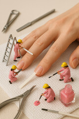 Tiny workers giving a manicure to a large human hand.