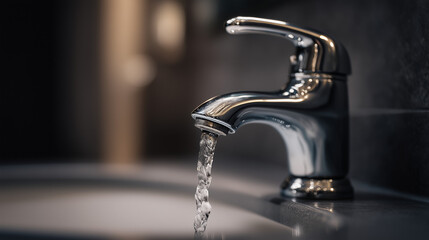 Modern bathroom faucet with water flow in sharp focus, emphasizing interior detail and hygiene