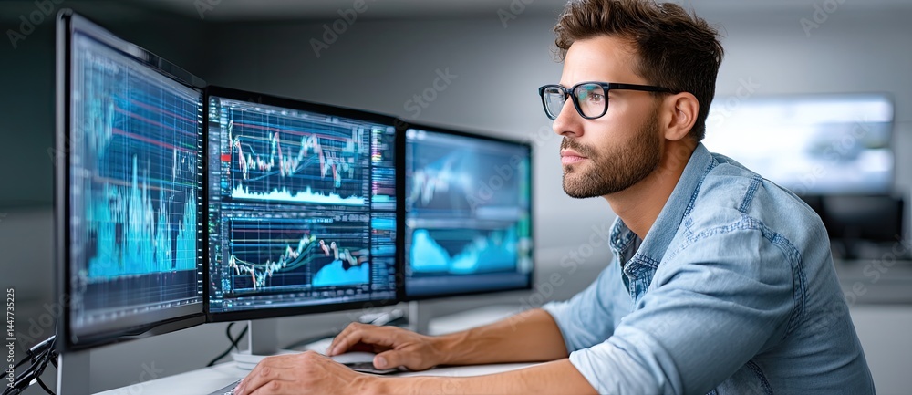 Aufkleber a focused man analyzes financial data on multiple computer monitors in a modern office environment.