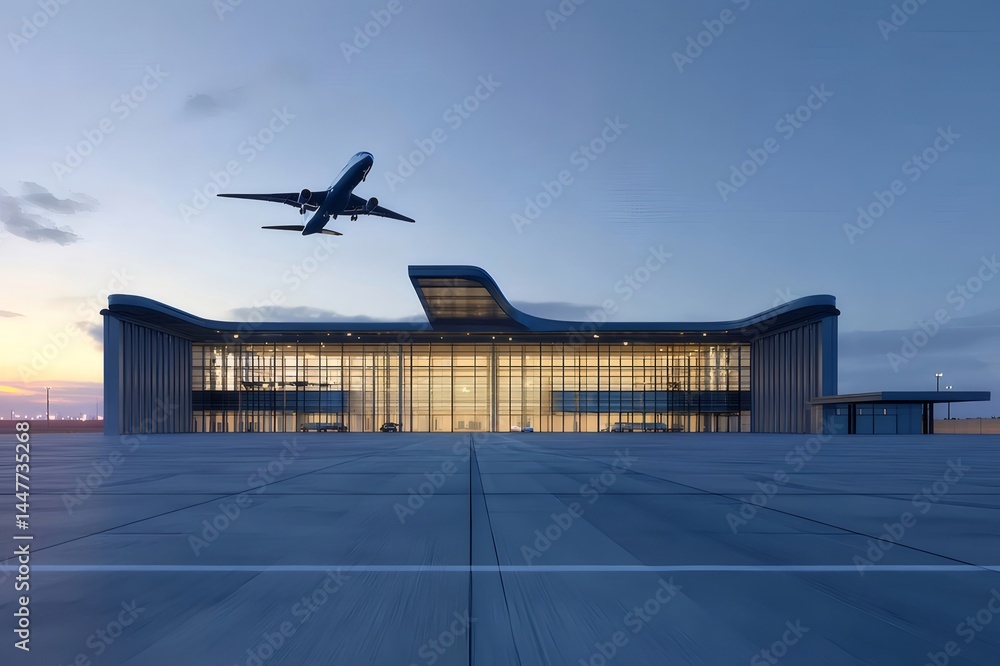 Aufkleber 夕暮れ時の近代的な空港ターミナルと離陸する航空機 広い滑走路と空の青い色