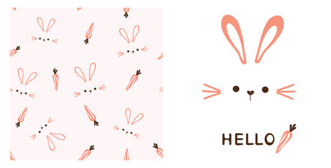 Seamless pattern with bunny and carrot on pastel pink background. Rabbit cartoon and hand written fonts isolated on white background vector. Cute childish print.