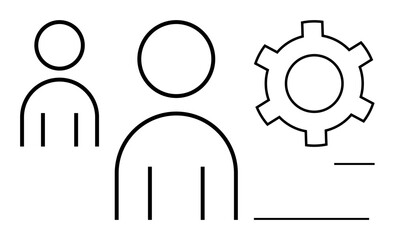 Two abstract human figures alongside a gear symbolizing teamwork, collaboration, and system integration. Ideal for business, HR, workflow, management, automation, consulting simple landing page