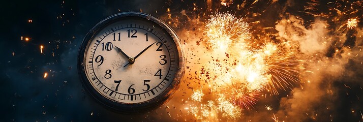A dramatic close-up of a countdown clock as fireworks explode in the night sky signaling the New Year.