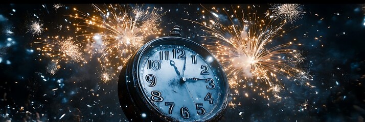 A dramatic close-up of a countdown clock as fireworks explode in the night sky signaling the New Year.