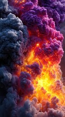 Vibrant and dynamic volcanic eruption with colorful smoke and glowing lava at sunset