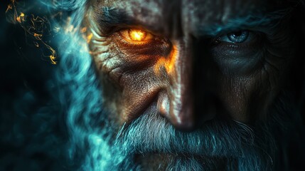 Half of a wizardâ€™s face with a mystical glow in one eye