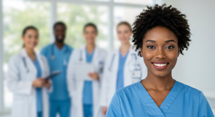 Healthcare professionals collaborating in hospital setting group photo bright environment positive vibes inspiring teamwork