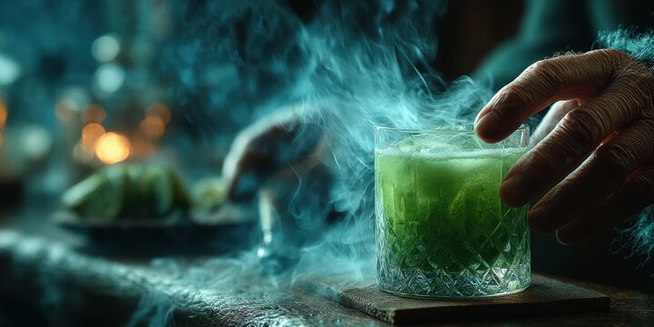 Creative cocktail preparation with vibrant green drink emitting smoke at an atmospheric bar in the evening
