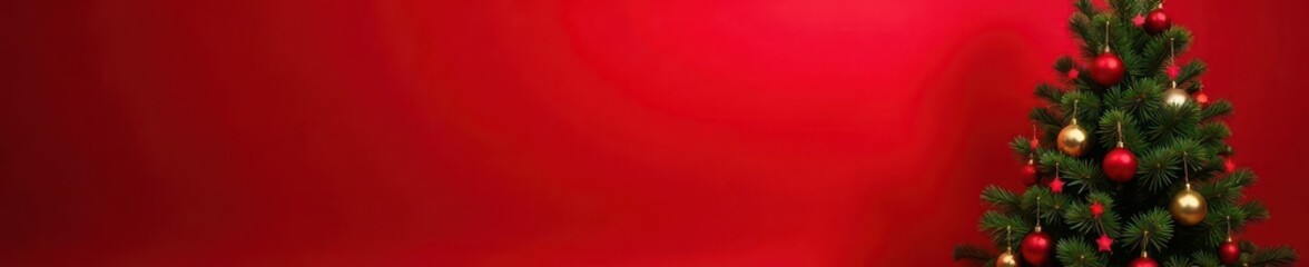Red background, corner Christmas tree decorated , tree, xmas tree, xmas