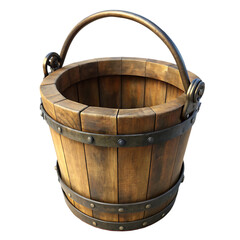 Fototapeta premium Antique Wooden Bucket: Rustic Water Bucket with Metal Bands