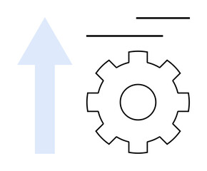 Gear alongside an upward arrow with dynamic lines indicating motion and improvement. Ideal for growth, productivity, innovation, engineering, efficiency, progress, direction flat simple metaphor