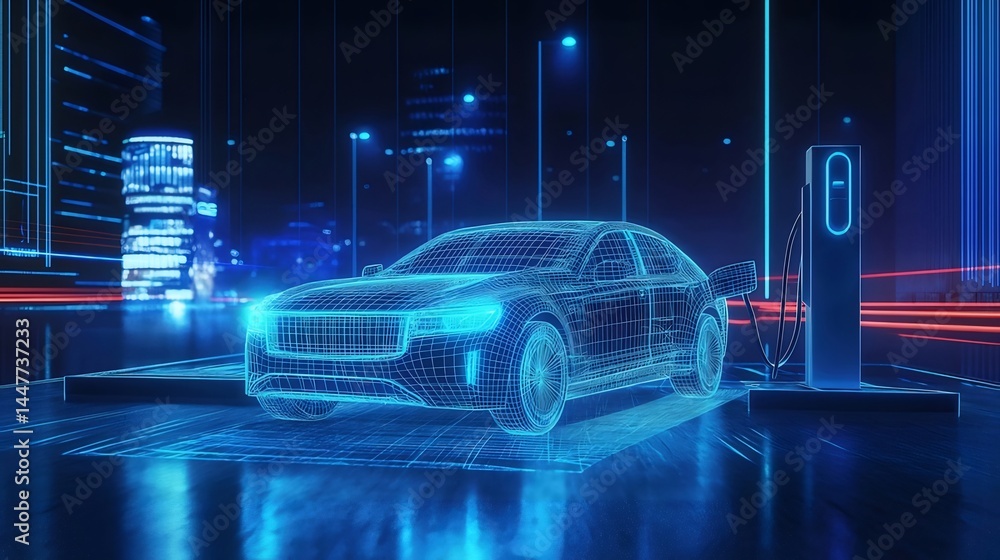 Aufkleber 青色の光をまとった未来的な電気自動車が充電ステーションに接続された近未来都市の夜景