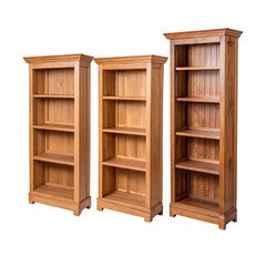 Three Wooden Bookcases in Light Brown Oak Finish Set against Gray Background isolated on transparent background Generative AI