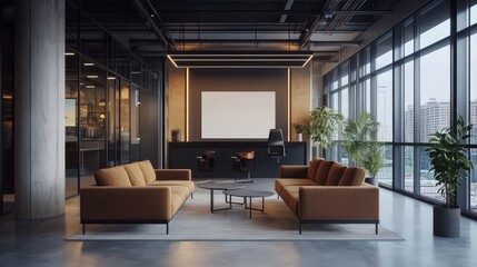 Fototapeta premium A blank white frame is displayed in a modern office reception area. It's a mockup for a corporate logo or branding. There's space to add your own design. 