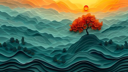Abstract landscape of colored hills and sun high resolution photo