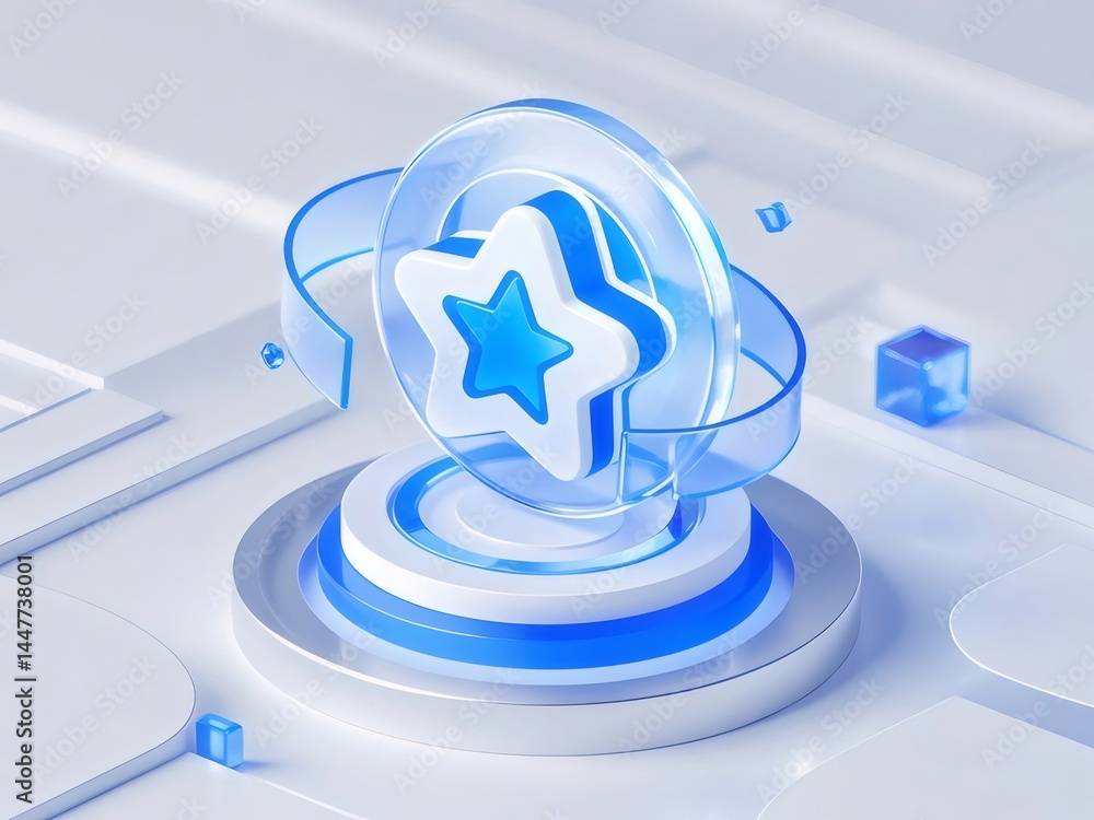 Aufkleber 青い星の3dレンダリングデザイン 透明なリングと白いプラットフォーム 背景にキューブと幾何学的な装飾の抽象的なオブジェクト