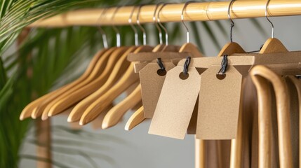 Recycled cardboard hang tags on sustainable garments hanging on a bamboo clothing rack