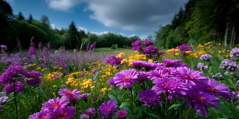 Colorful wildflower meadow under a blue sky with fluffy clouds on a sunny day