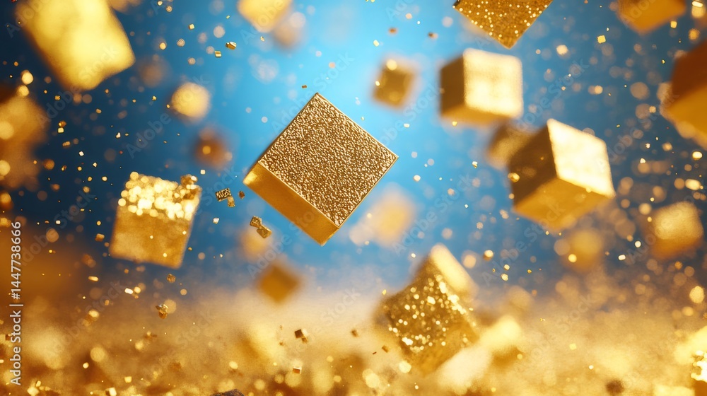 Aufkleber 青い背景に金色の立方体が浮かぶ3dレンダリング 輝く粒子と光が豪華なお祝いのデザイン