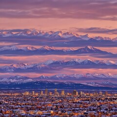 Obraz premium Anchorage skyline at sunset, mountains in background, twilight, golden hour, low angle