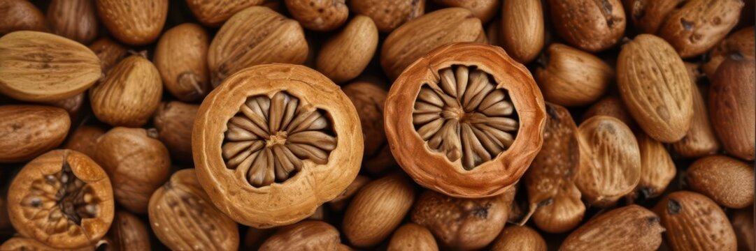 Ambrette seeds in pod, brown earthy tones, textured surface, botanical element,  earthy, ambrette