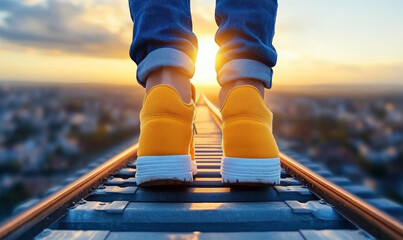 Person Walking on Railway Tracks with Yellow Sneakers at Sunset, Urban Landscape in Background, Beautiful Sky, and Warm Light