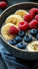 Delicious and nutritious chia seed pudding topped with fresh berries and banana slices in a cozy kitchen setting