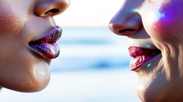 Close-up video of lips kissing, seasoned chocolate skin woman and youthful fair ivory woman, adorned with enchanted opal finish and iridescence under diffused light Concept of diverse intimacy and