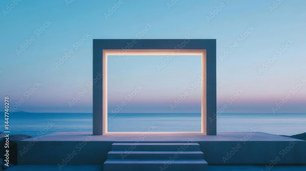 Poster 夕焼け空と海を背景にしたコンクリートの正方形の構造物 階段と海辺の風景 穏やかな夕暮れ時のミニマルデザイン