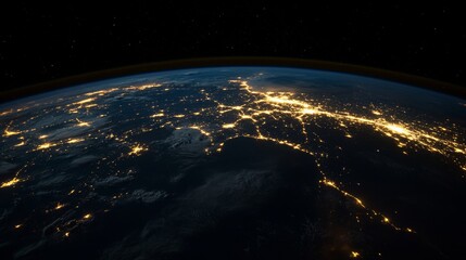 Earth at night, seen from space, shows bright lines connecting places. This represents business, money, and how the world connects through the internet and technology.

