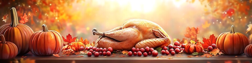 A festive Thanksgiving table filled with roasted turkey pumpkins and cranberries set against a warm autumn backdrop.
