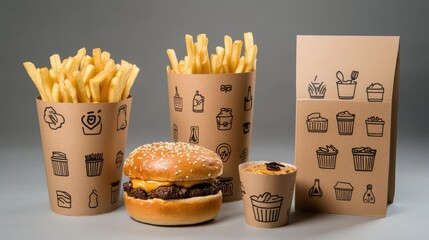 Recycled paperboard sleeves used for holding food containers with printed eco icons