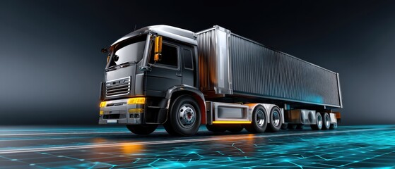 truck delivery transport concept. Futuristic black truck on a digital grid background.