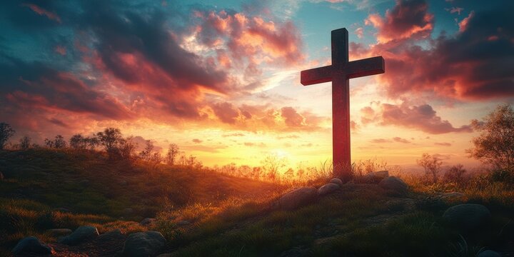 Sunset silhouette of a wooden cross against a dramatic sky with colorful clouds in a serene landscape