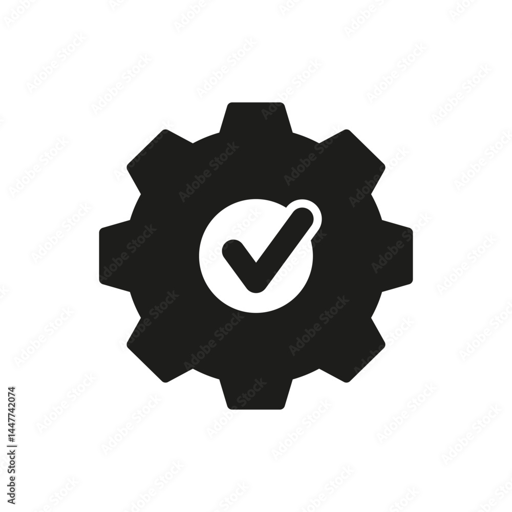 Poster gear with checkmark solid icon. efficiency and reliability. quality assurance, system optimization, 