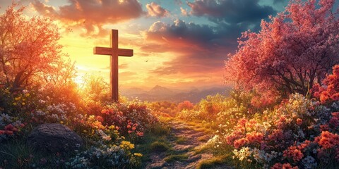 Scenic sunset over a cross surrounded by vibrant flowers and trees in a tranquil landscape