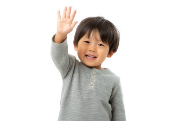 cheerful young child waving hello with happy expression isolated on white transparent background