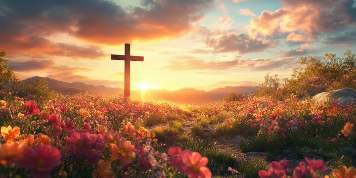 Peaceful sunset over a flower-filled valley with a cross standing tall amidst nature's beauty