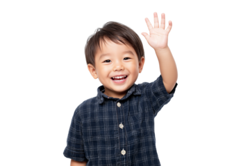 smiling child waving and cheerful and full of happiness isolated on white transparent background