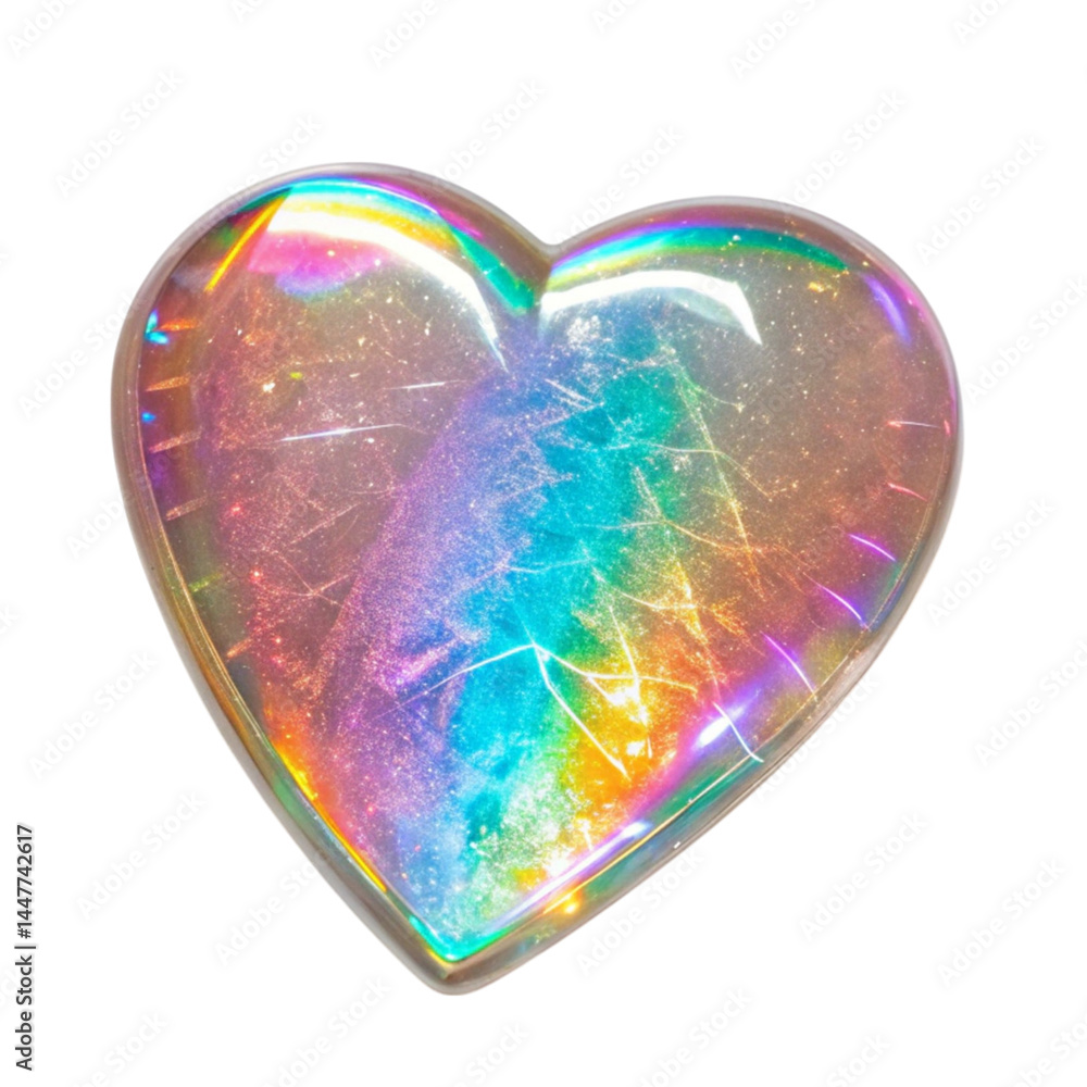 Poster a mesmerizing iridescent heart shaped object with rainbow colors and sparkly glitter inside isolated