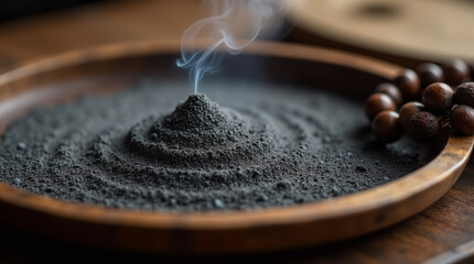 Obraz premium Macro of incense ash forming curves in a tray, meditative detail, zen ambiance, soft smoke trail visibleClose-up of a mala bead necklace resting on wood, visible string fiber and patina, 