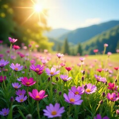 Obraz premium Vibrant purple & pink wildflowers carpet a sun-drenched meadow , floral carpet, summer